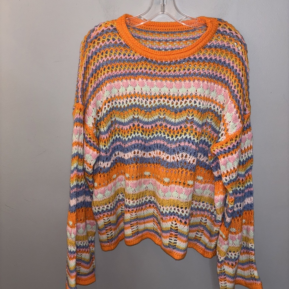 Women's Multicolor Boho Crochet Open Knit Sweater Hippie Retro Beach Size‎ XL